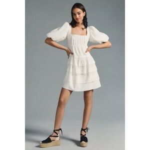 Anthropologie Dress Square-Neck Puff-Sleeve Tiered Mini Cotton White Sz XXS